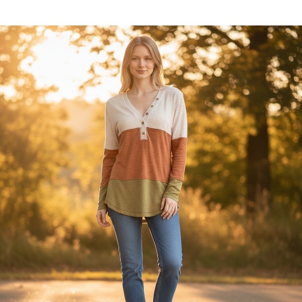 NWOT Hem & Thread Striped Cream, Tan, and Green Long Sleeve Henley Women Medium